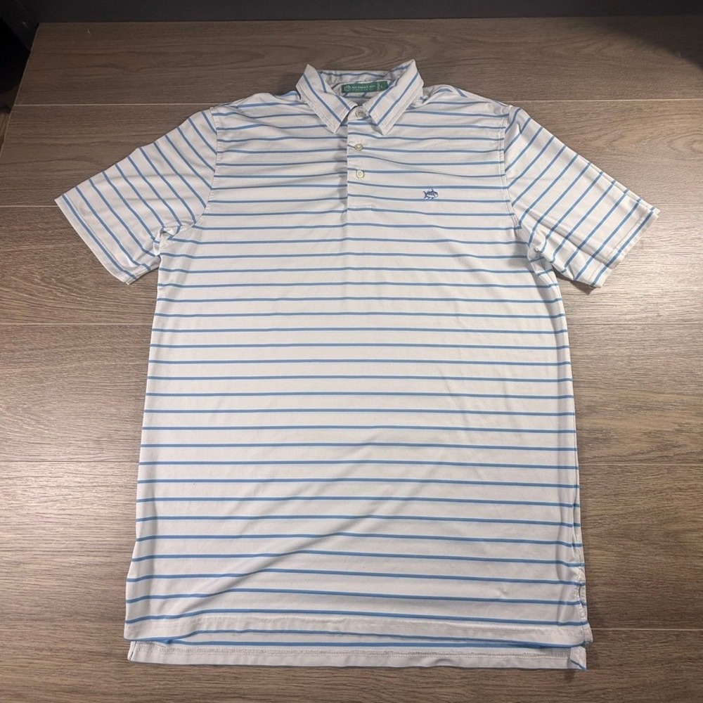 Southern Tide Club Mens Large Blue White Striped Performance Polo Shirt Golf - Picture 5 of 16